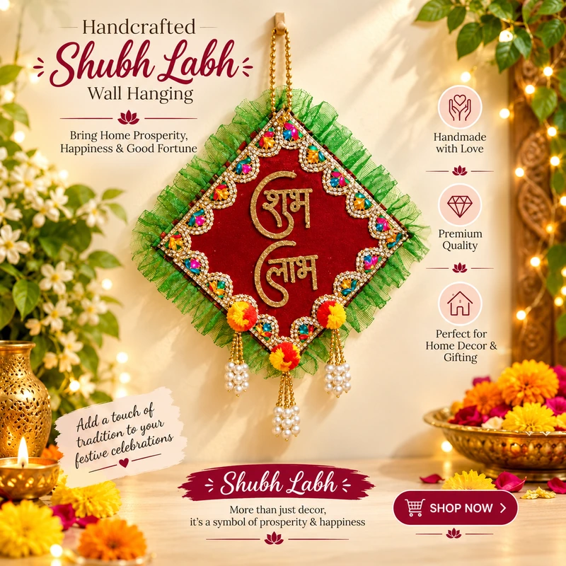 Premium Red & Green Shubh Labh Handcrafted Wall Hanging
