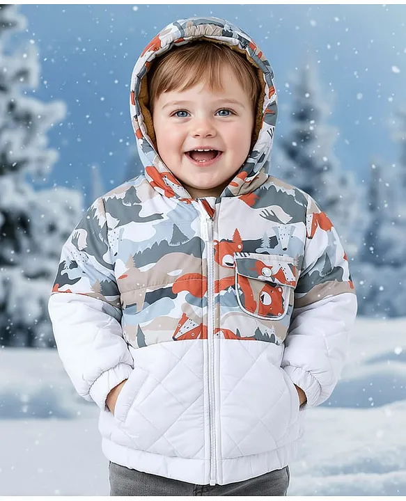 Babyoye Woven Full Sleeves Hooded Quilted Jacket with Animal Print - Grey & White