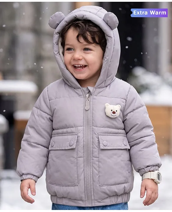 Babyoye Knit Full Sleeves Solid Colour Hooded Padded Winter Jacket with Bear Applique- Blue