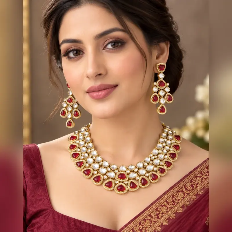 Premium Ruby Red Kundan Necklace Set with Matching Designer Earrings