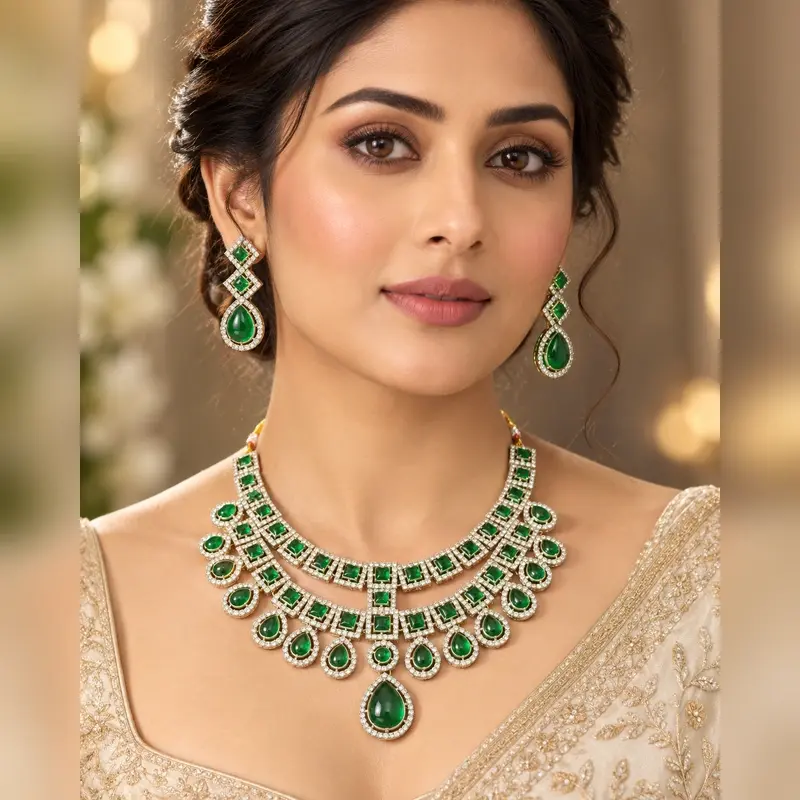 Premium Emerald Green AD Stone Necklace Set with Matching Designer Earrings